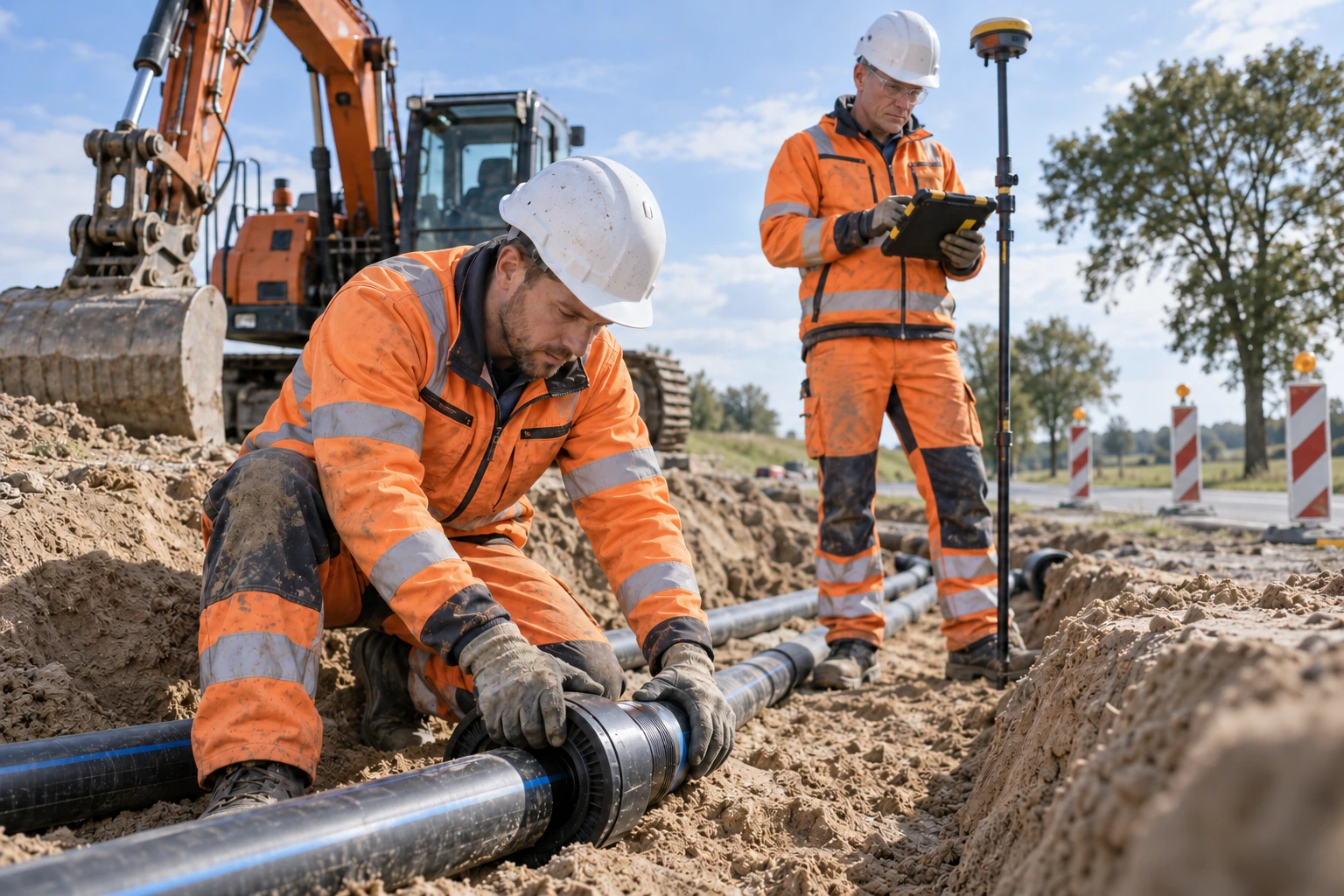 Illustratives Motiv: zwei Tiefbaufachkräfte verbinden handwerkliche Arbeit mit moderner Vermessungstechnik